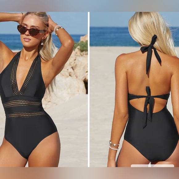 Cupshe Emerge Mesh Trim Halter One Piece Swimsuit Medium Cutout Sexy Swimsuit - Picture 1 of 9